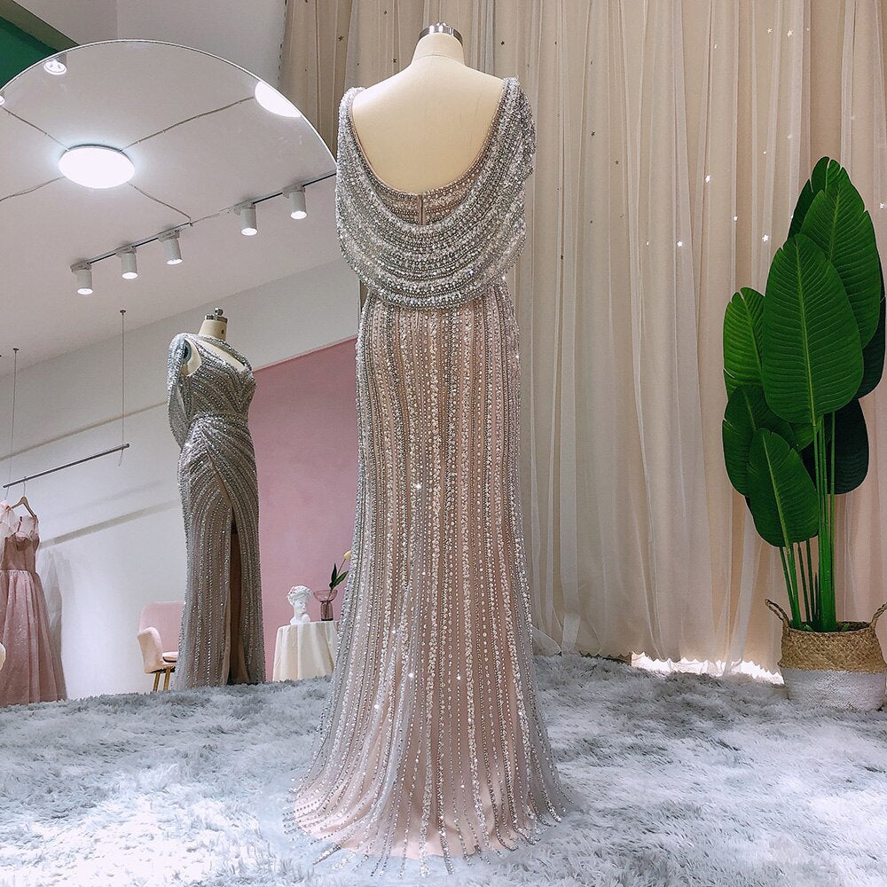 Luxury Beaded Silver Mermaid Evening Dress with Cape