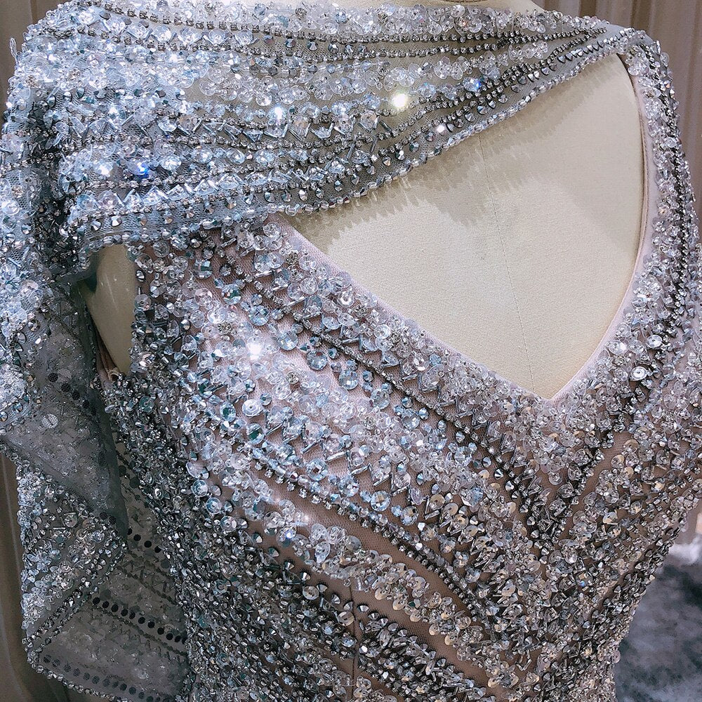Luxury Beaded Silver Mermaid Evening Dress with Cape