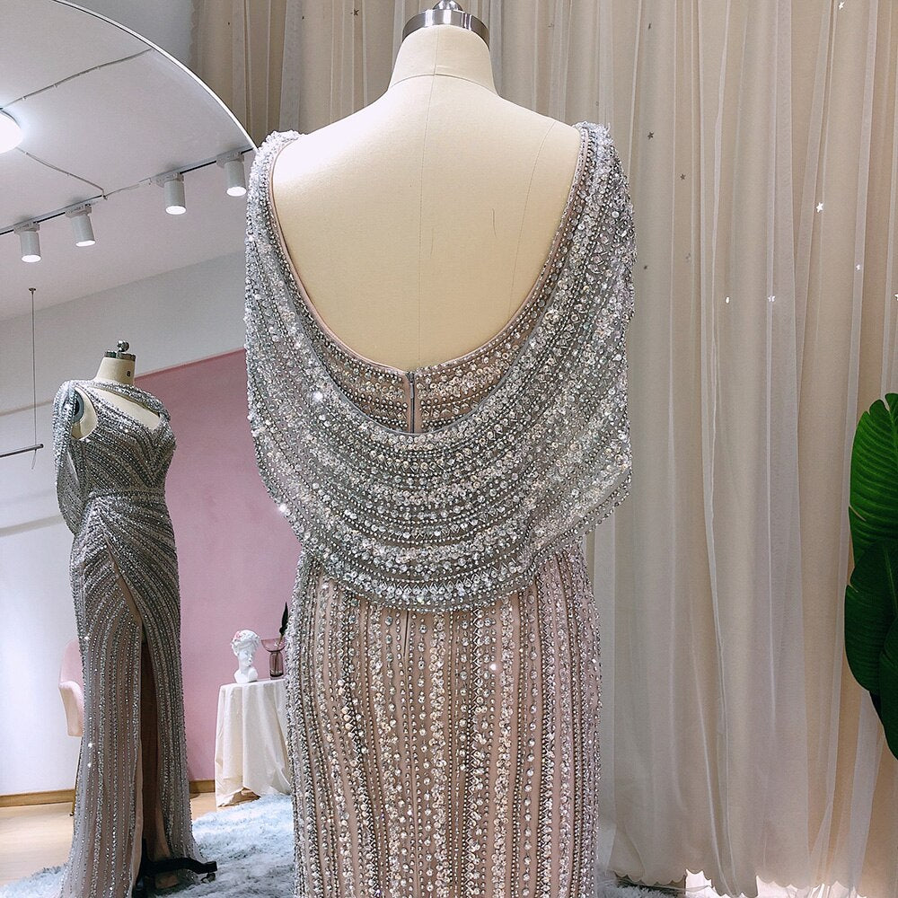 Luxury Beaded Silver Mermaid Evening Dress with Cape