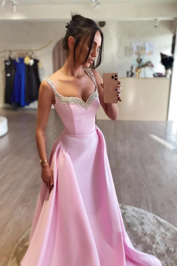 Simple A Line Satin Pink Long Prom Dresses with Beadings