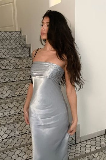 Simple Sheath Strapless Grey Satin Long Prom Dress with Ruched