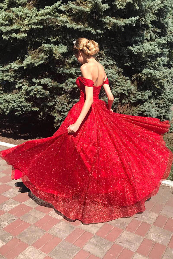Sparkly Tulle Red A-line Off Shoulder Long Prom Dresses, Evening Dresses