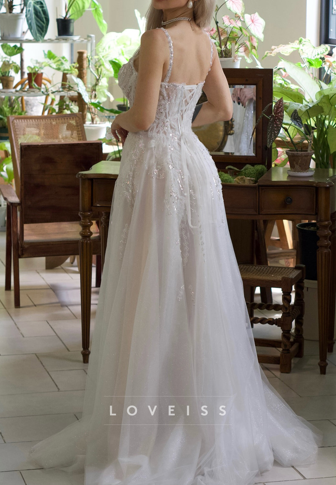Square Beaded Embroidery Appliques A-Line Wedding Dress
