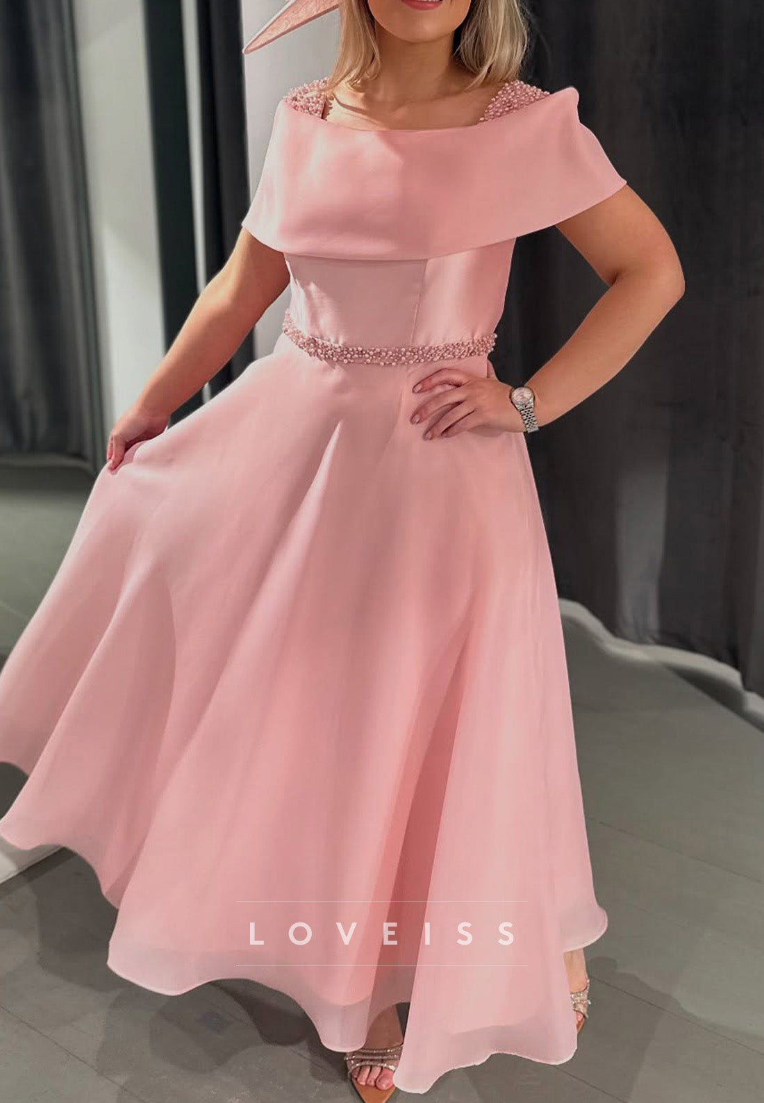 Square Beaded Short Sleeves A-Line Mother of Bride Dress