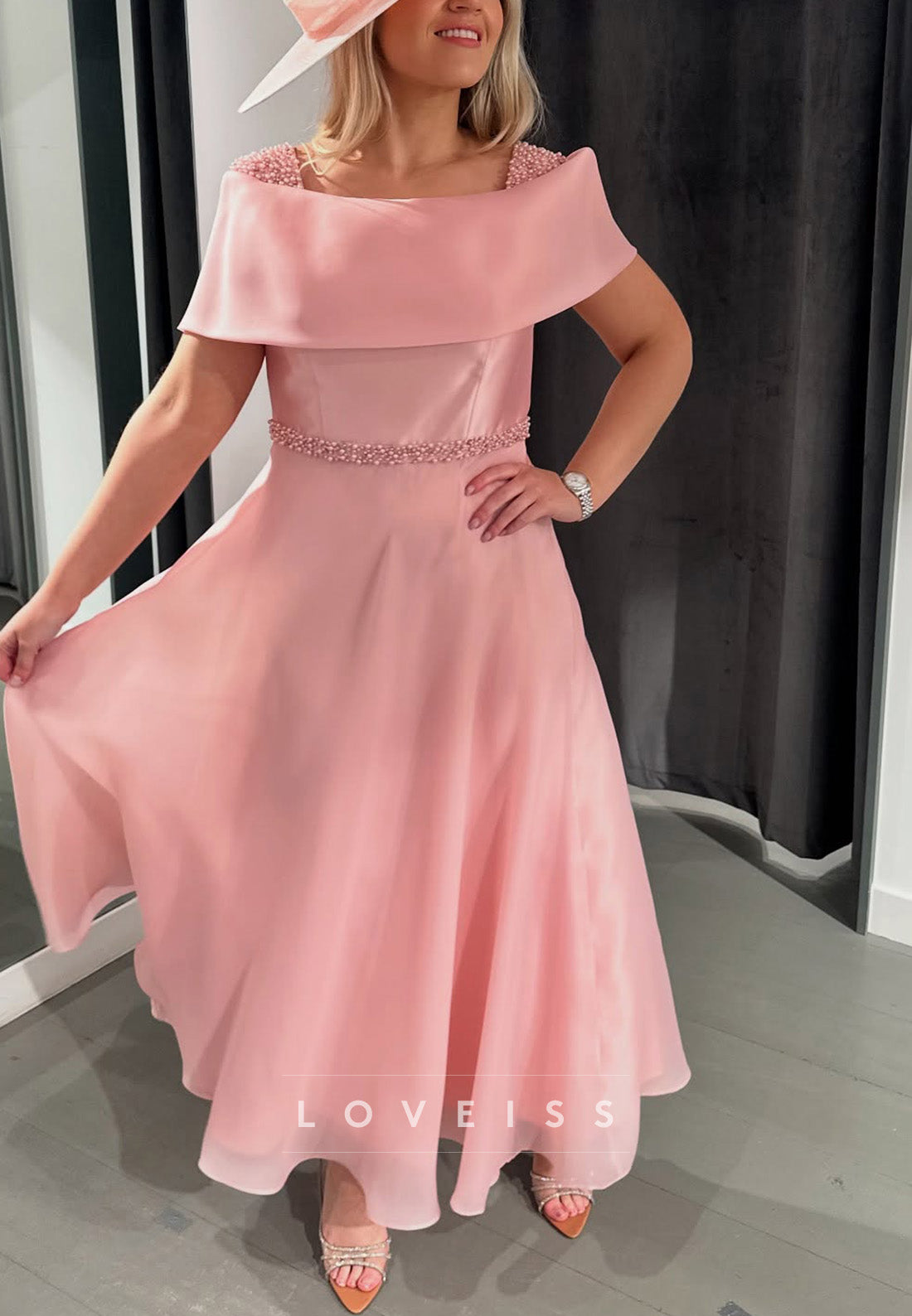 Square Beaded Short Sleeves A-Line Mother of Bride Dress