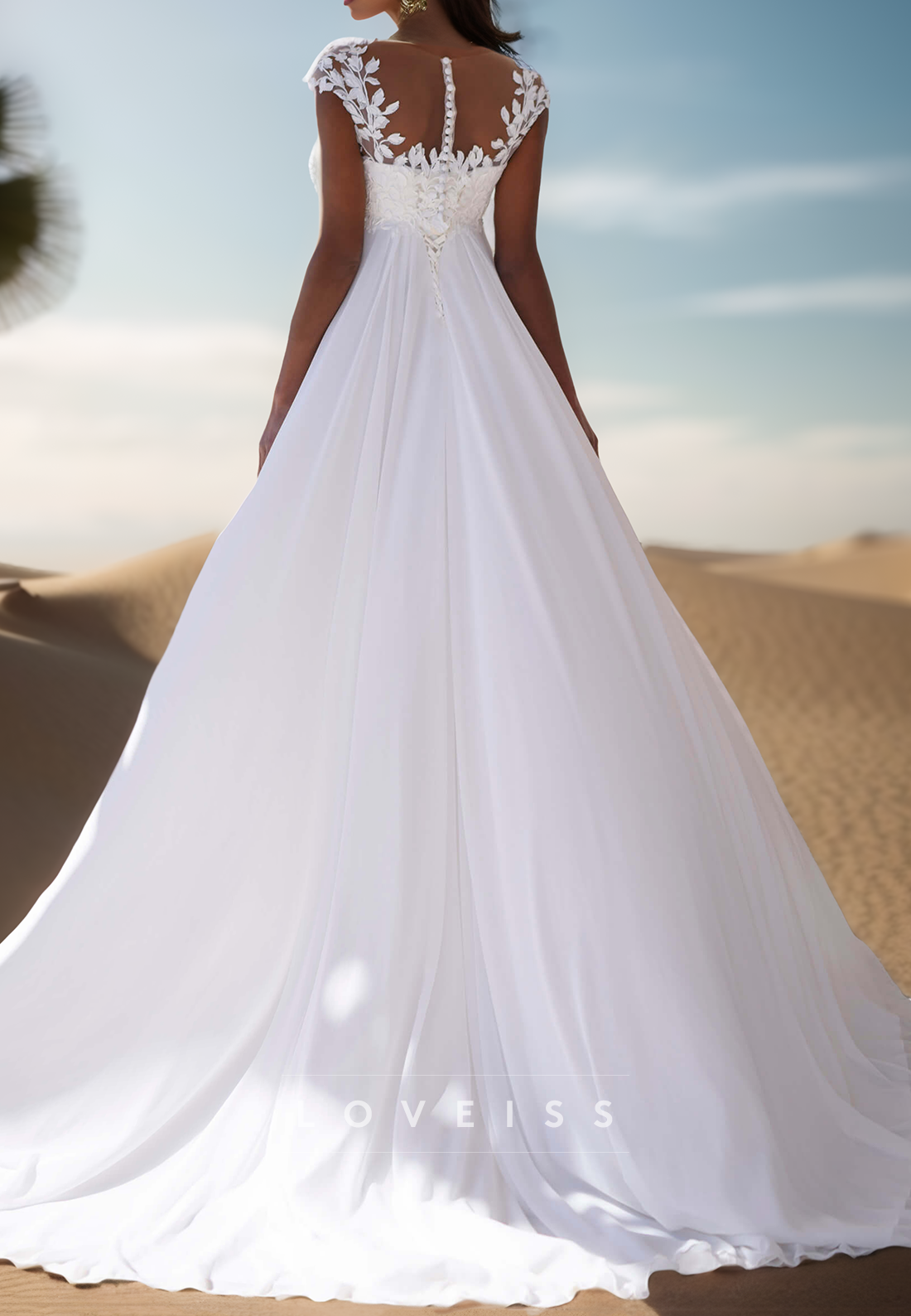 Square Cap Sleeves Appliques A-Line Boho Wedding Dress