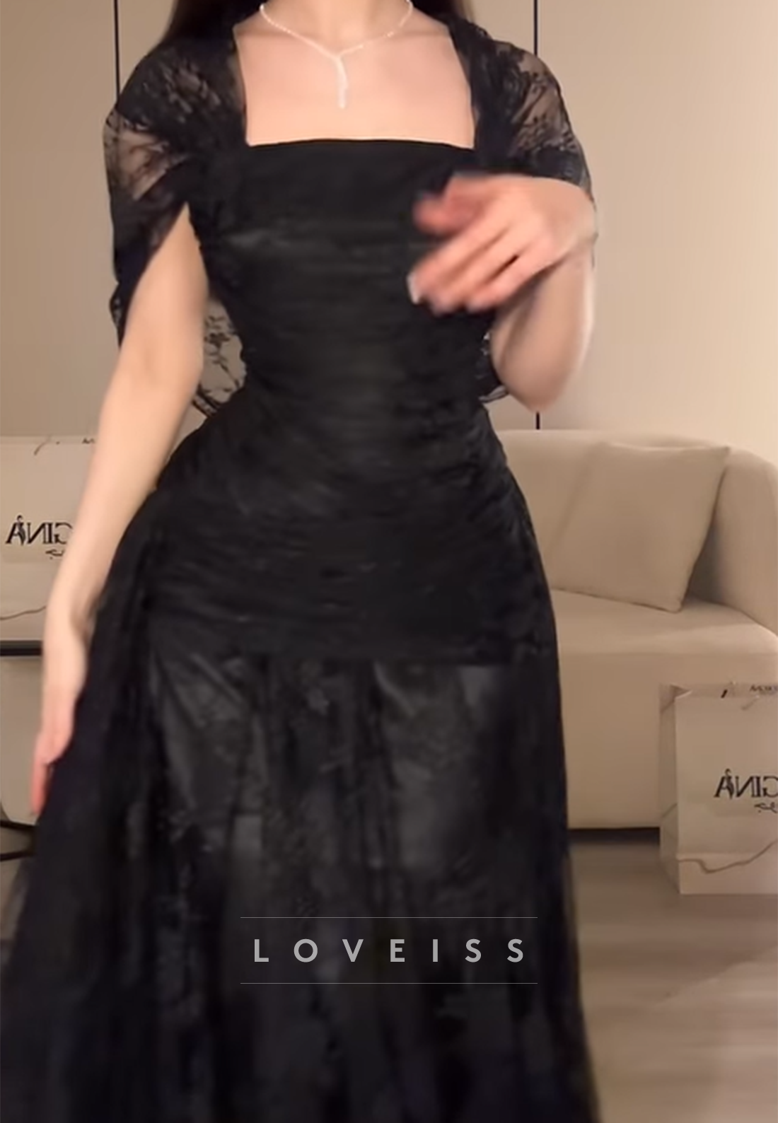 Square Cap Sleeves Evening Dress Lace Appliques A-Line Prom Dress