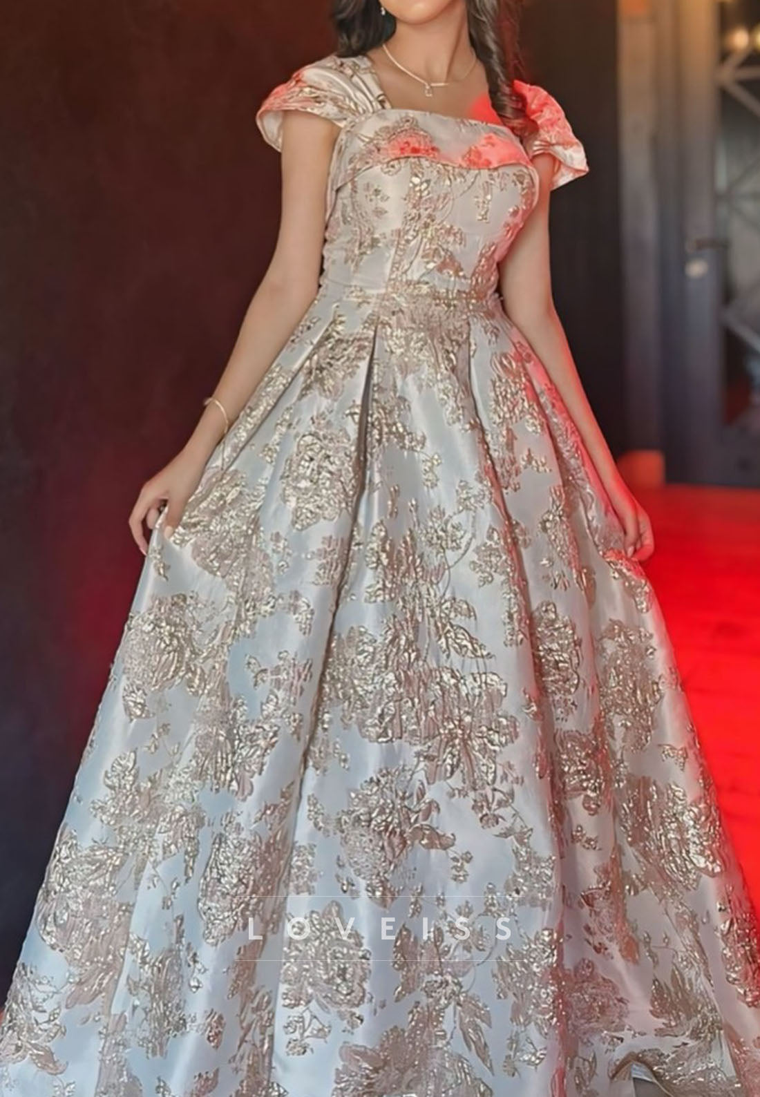 Square Cap Sleeves Floral Printed A-Line Evening Dress