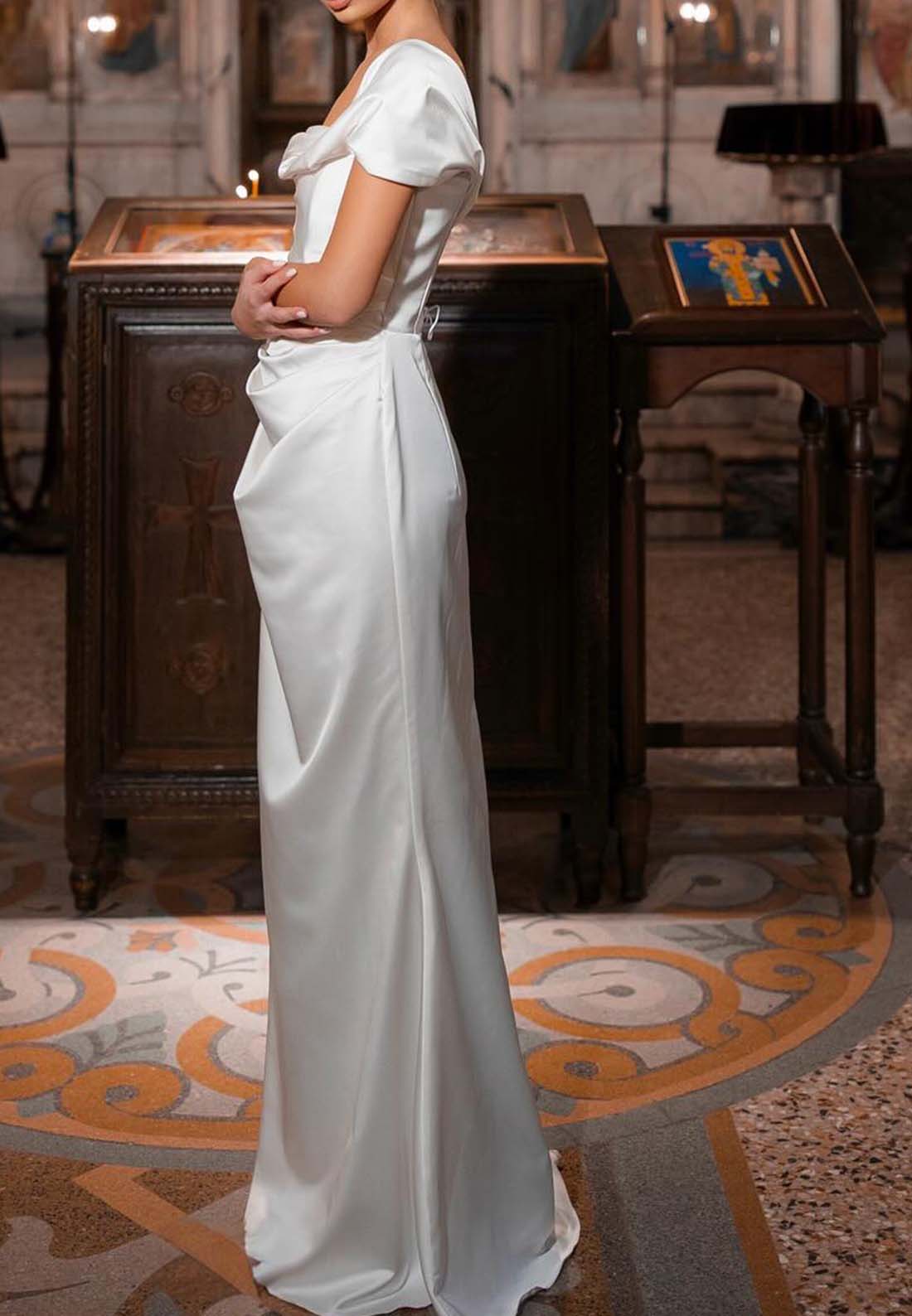 Square Cap Sleeves Sleek Sheath Beach Wedding Dress