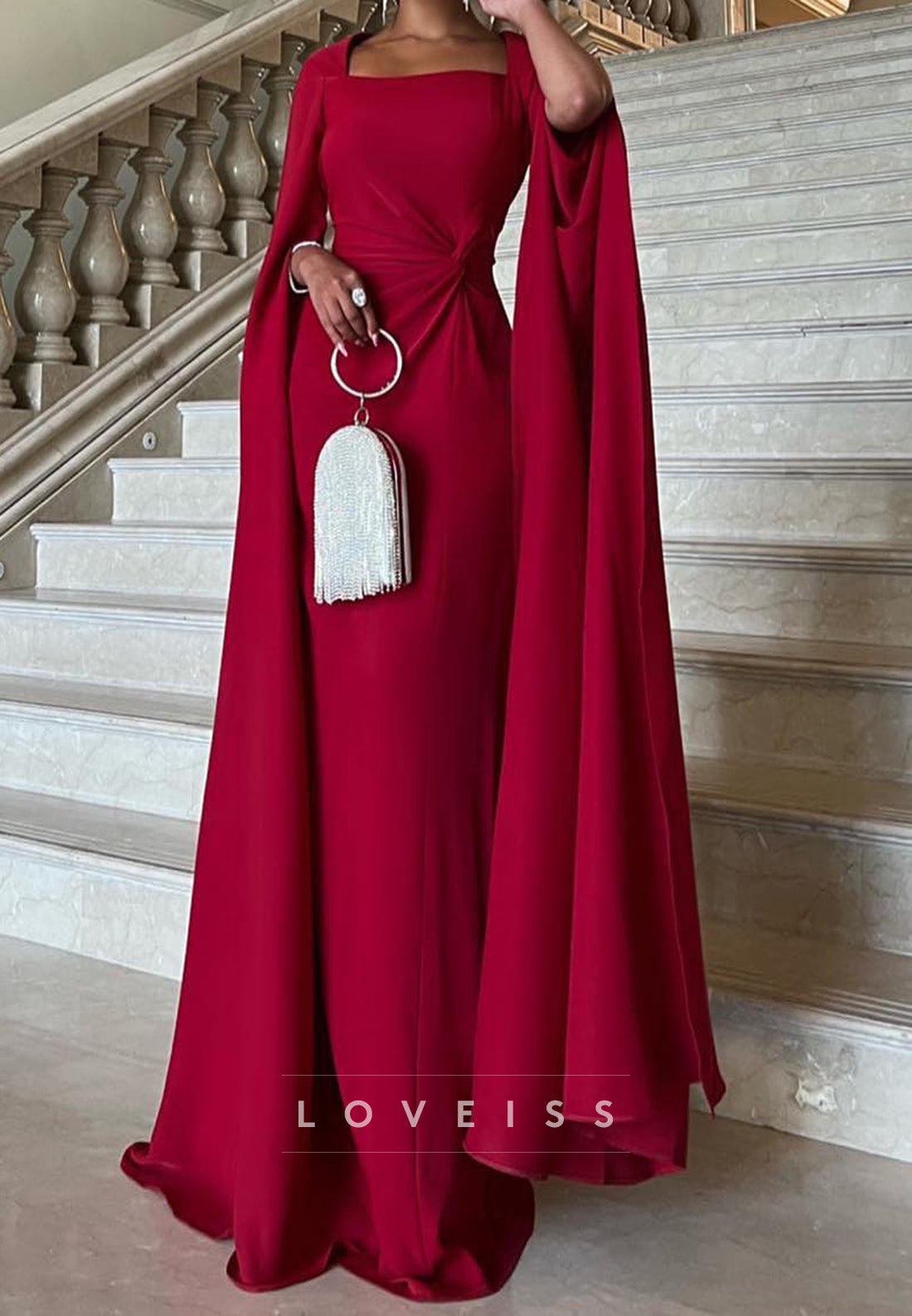 Square Long Sleeeves Ruched Sleek Sheath Evening Dress