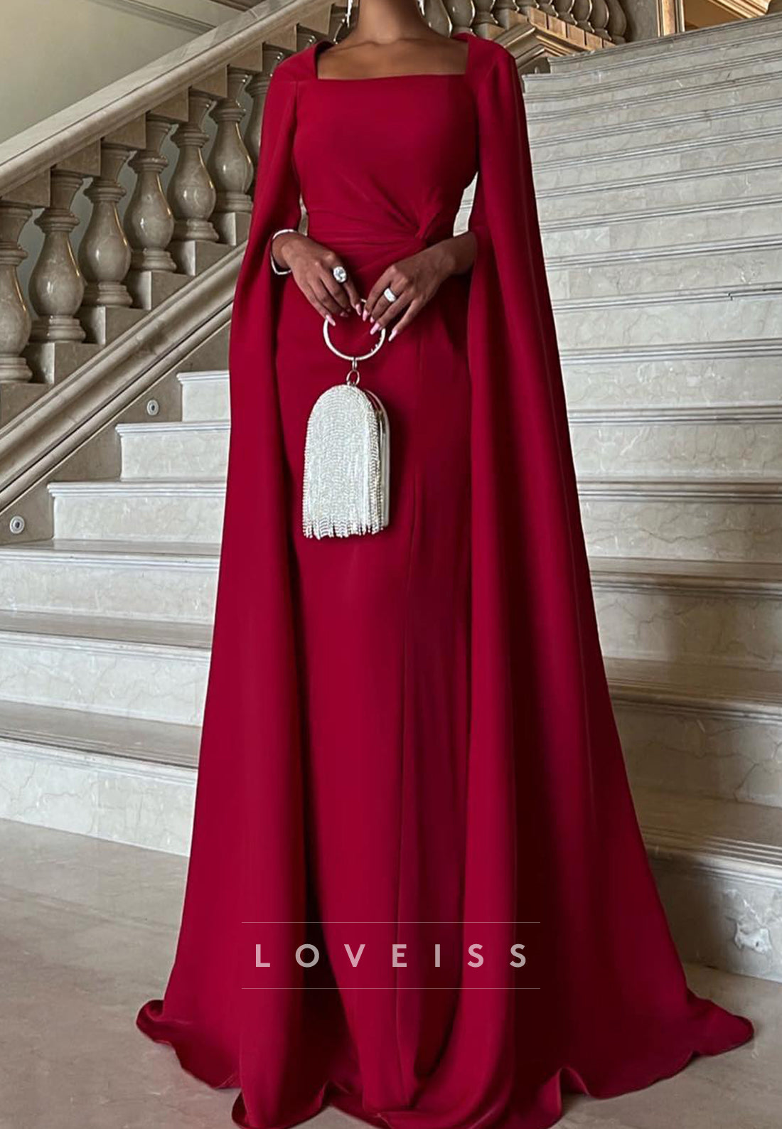 Square Long Sleeeves Ruched Sleek Sheath Evening Dress