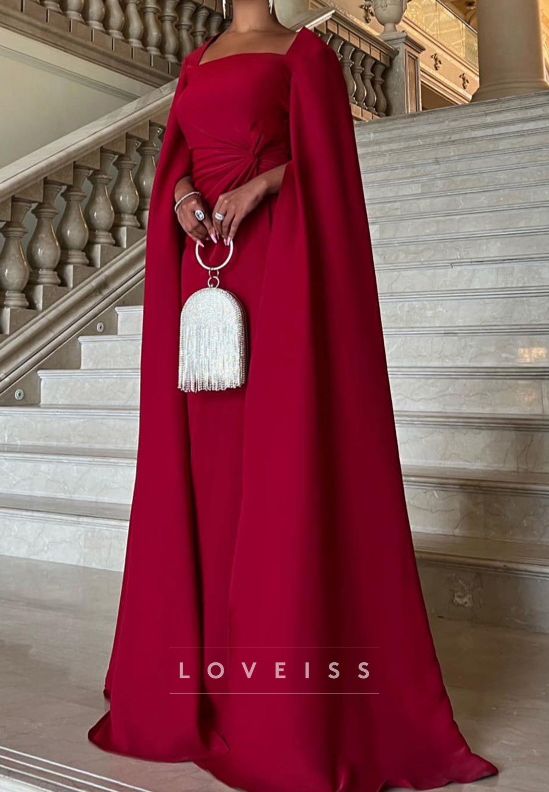 Square Long Sleeeves Ruched Sleek Sheath Evening Dress