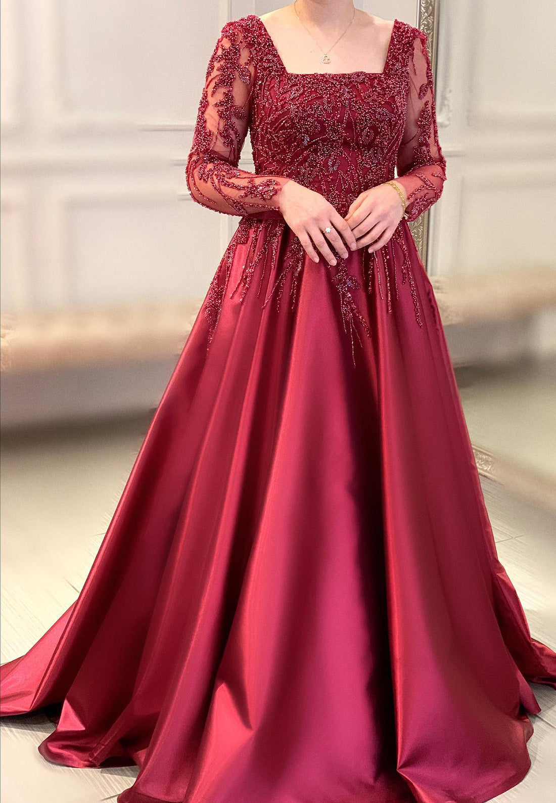 Square Long Sleeves Appliques Sequins A-Line Mother of Bride Dress