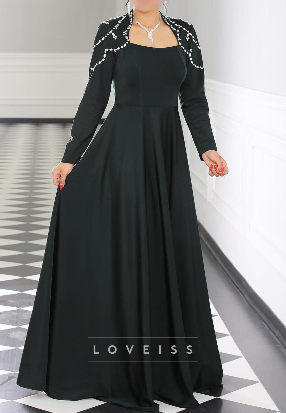 Square Long Sleeves Beaded A-Line Mother of Bride Dress
