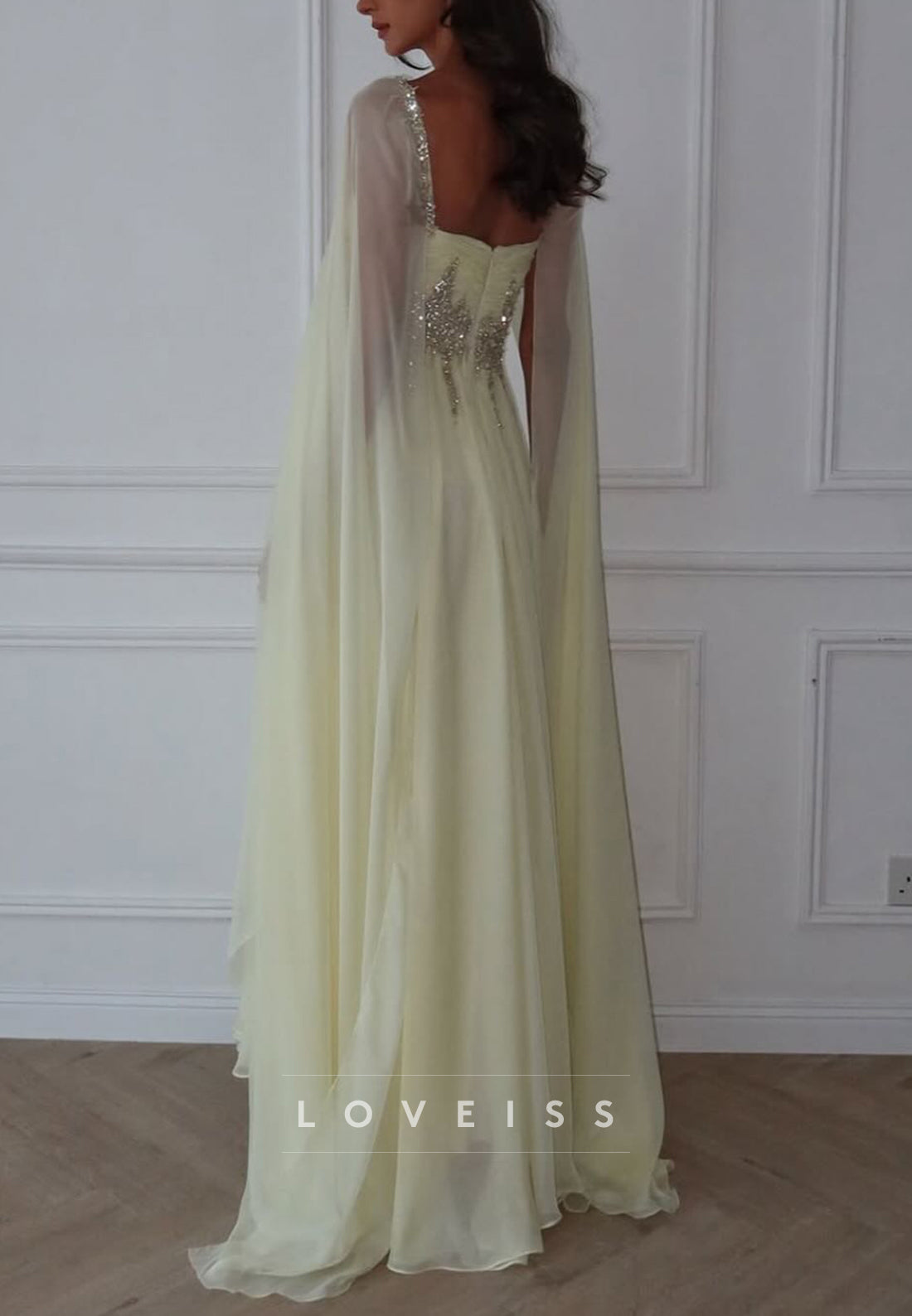 Square Long Sleeves Beaded A-Line Prom Dress