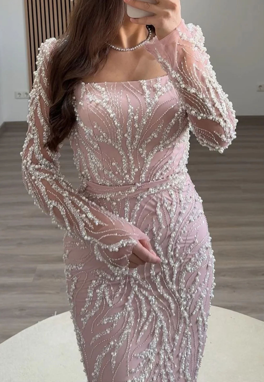 Square Long Sleeves Beaded Emboridery Mermaid Evening Dress