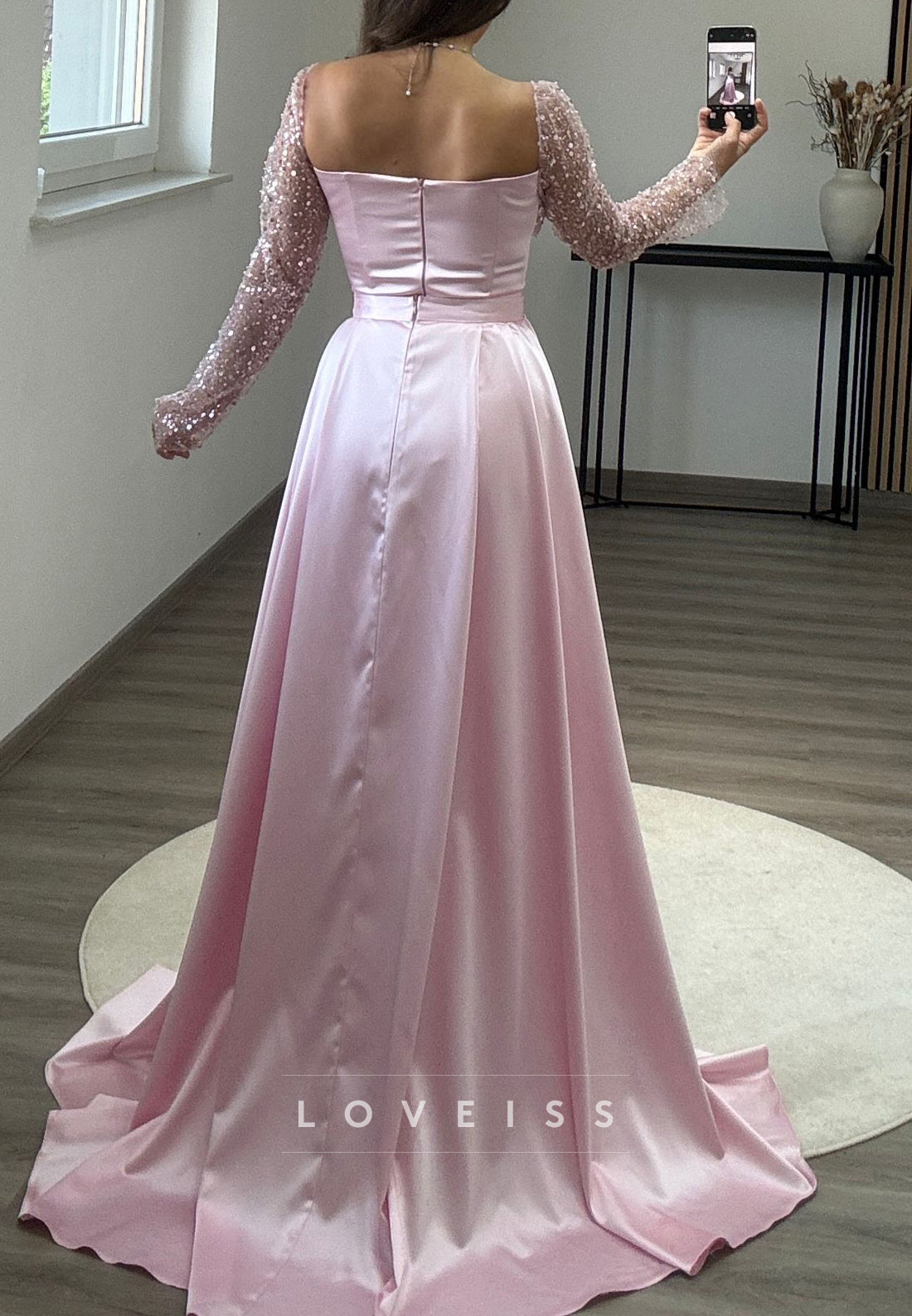 Square Long Sleeves Beaded Emboridery Sheath Formal Dress