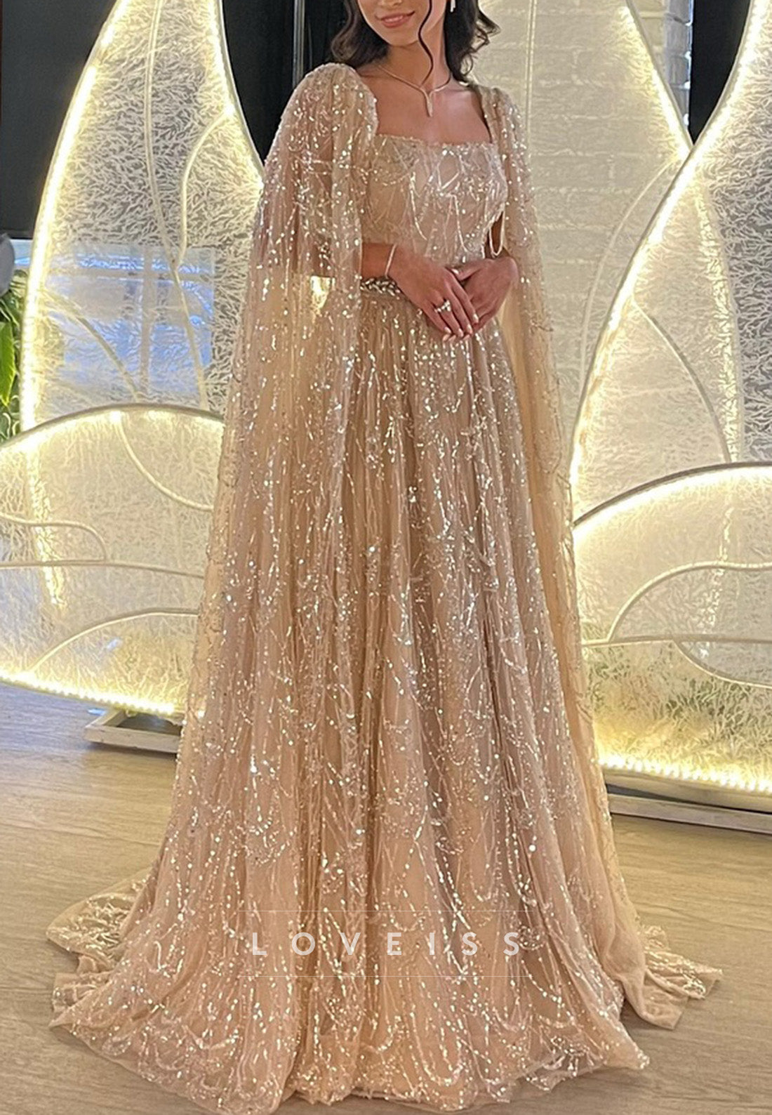 Square Long Sleeves Beaded Embroidery A-Line Sparkly Prom Dress