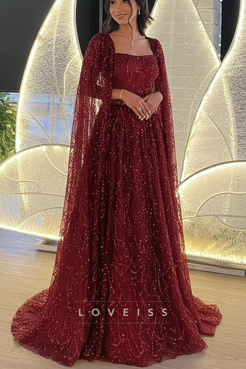 Square Long Sleeves Beaded Embroidery A-Line Sparkly Prom Dress