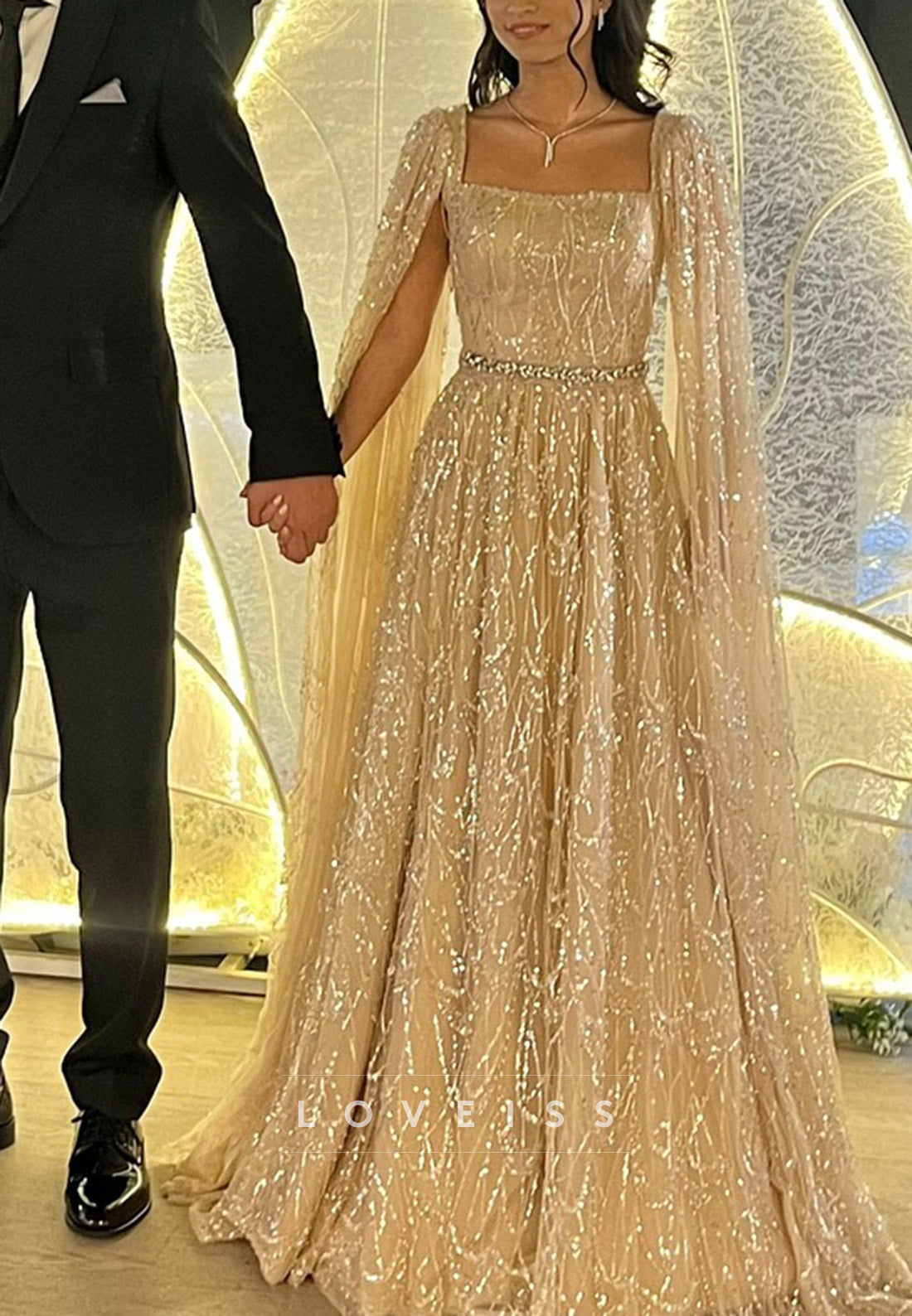 Square Long Sleeves Beaded Embroidery A-Line Sparkly Prom Dress