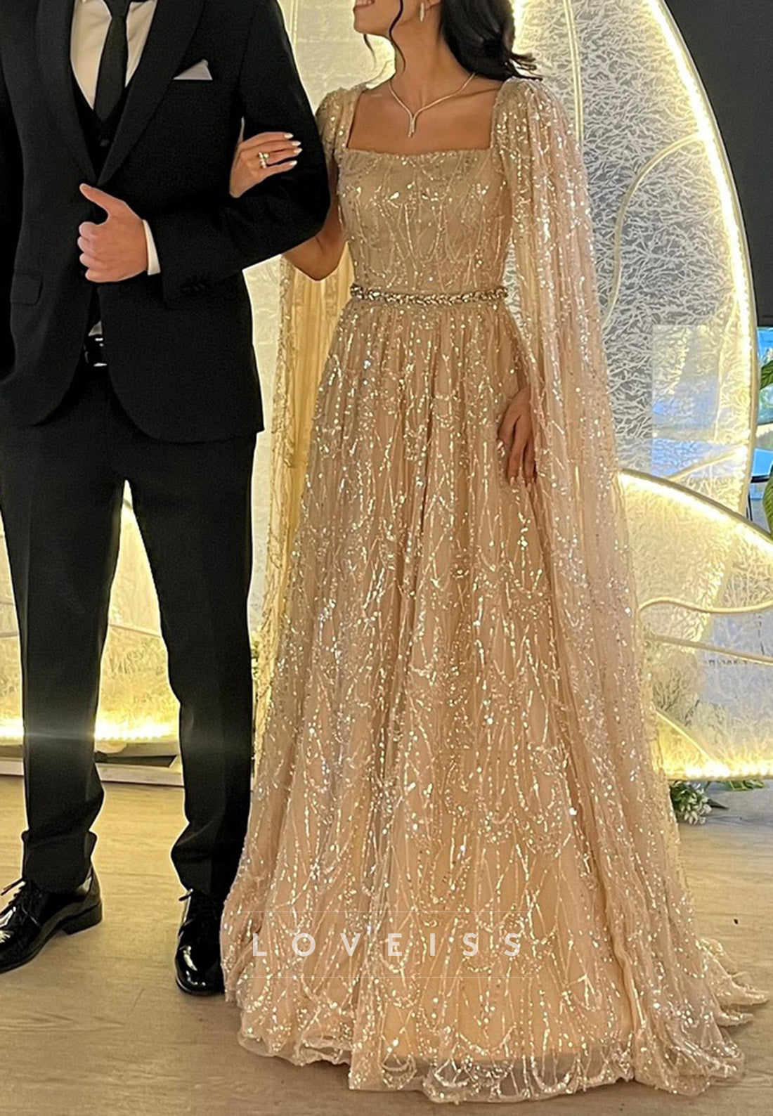 Square Long Sleeves Beaded Embroidery A-Line Sparkly Prom Dress