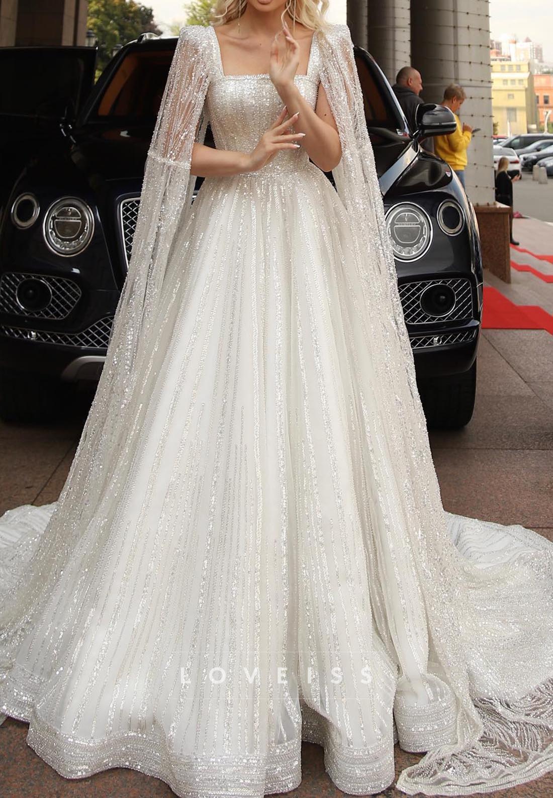 Square Long Sleeves Beaded Embroidery Ball Gown Wedding Dress