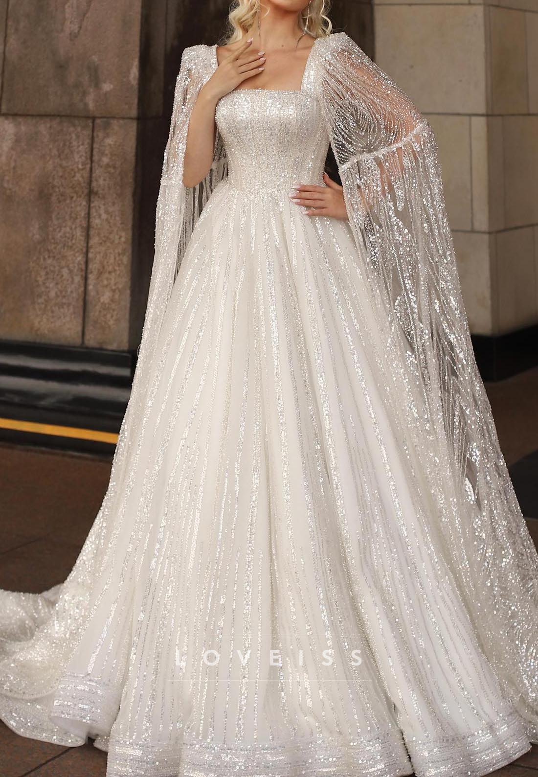 Square Long Sleeves Beaded Embroidery Ball Gown Wedding Dress