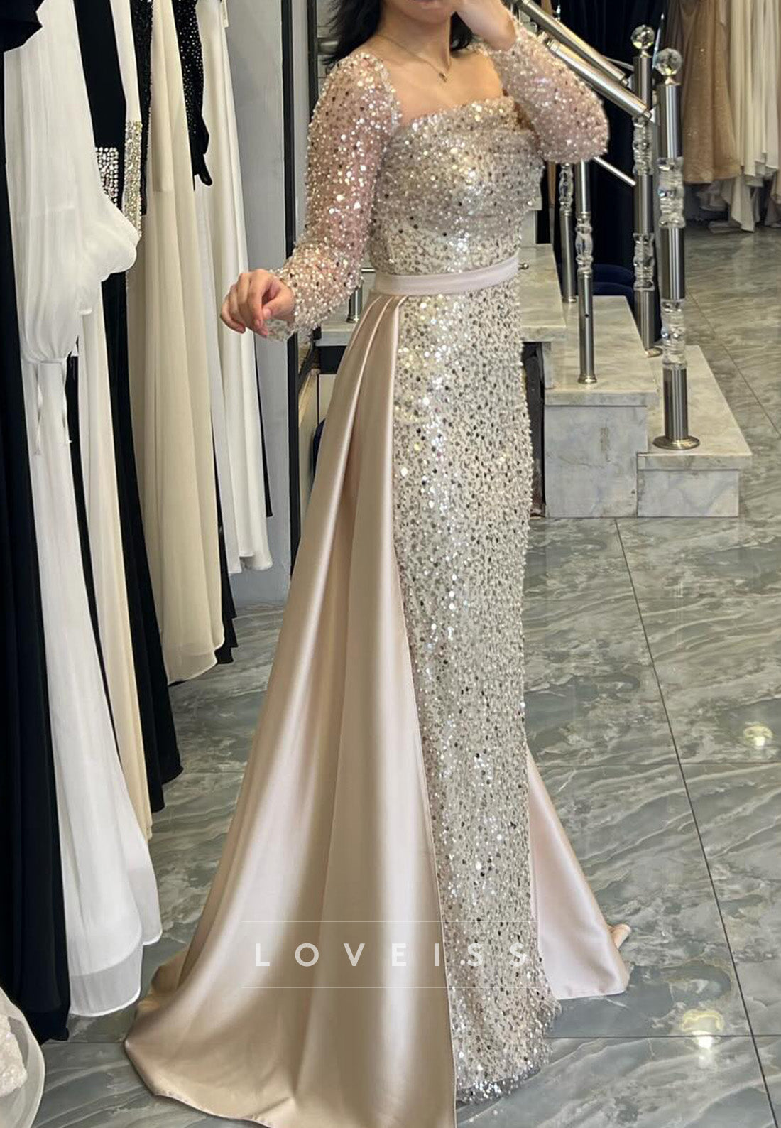 Square Long Sleeves Beaded Embroidery Mermaid Evening Dress