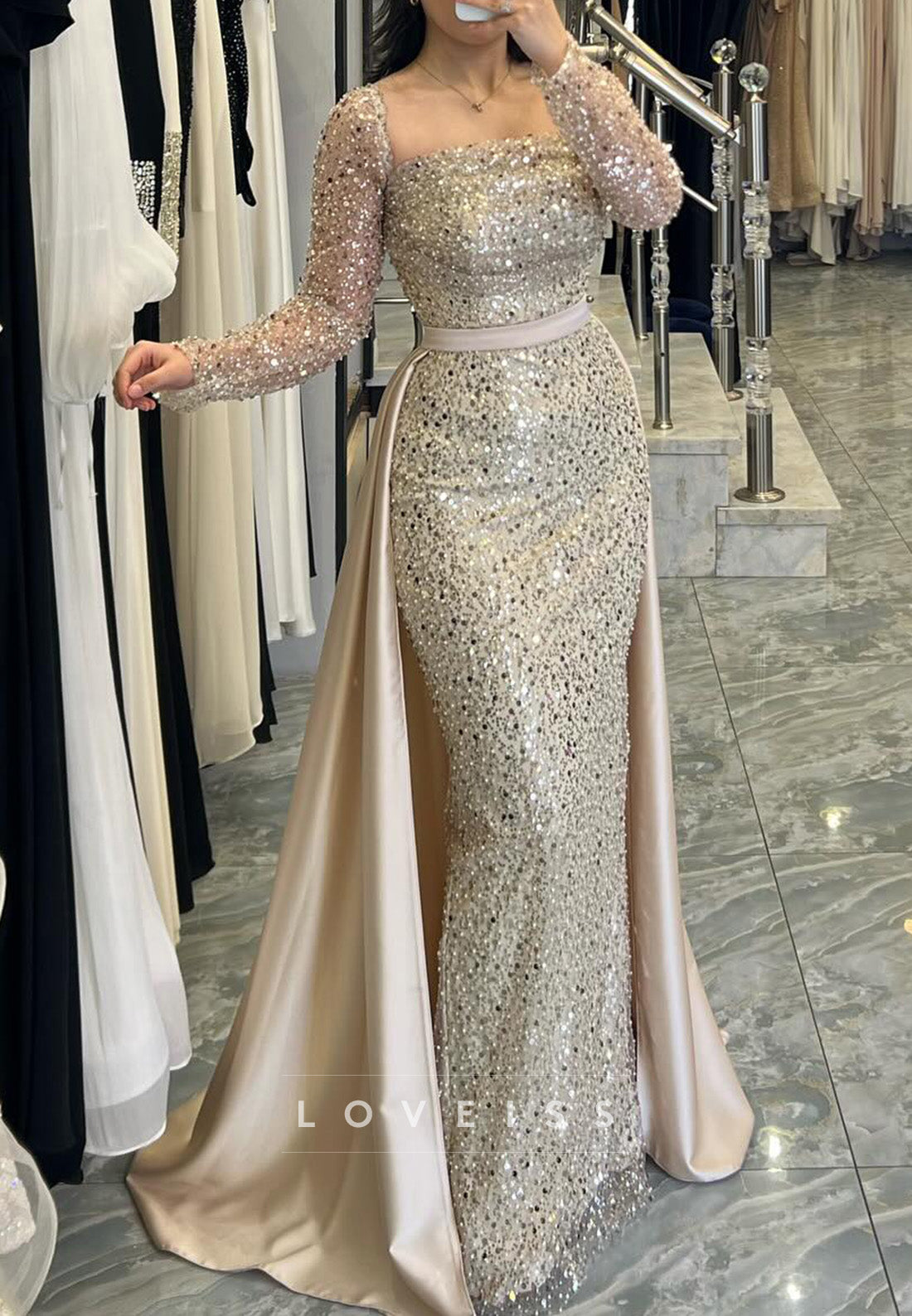 Square Long Sleeves Beaded Embroidery Mermaid Evening Dress