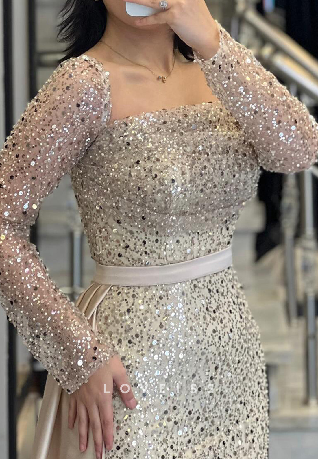 Square Long Sleeves Beaded Embroidery Mermaid Evening Dress