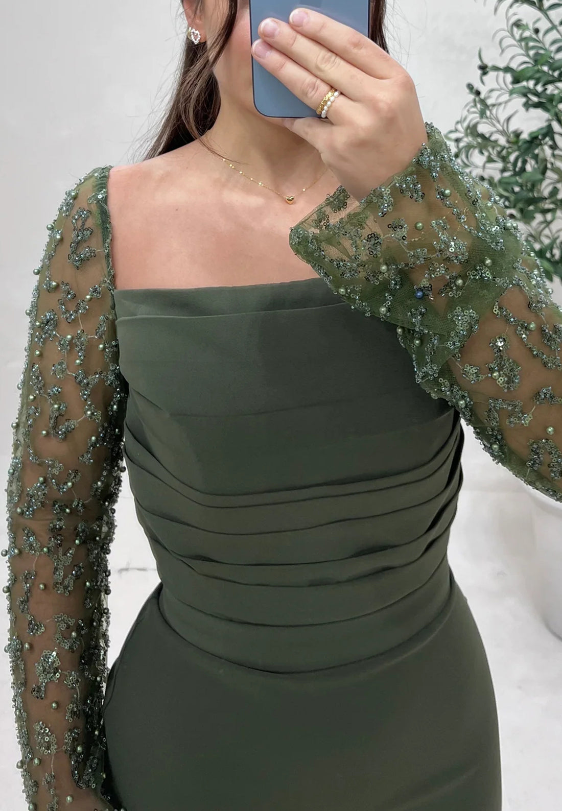 Square Long Sleeves Beaded Embroidery Pleated Sheath Evening Dress