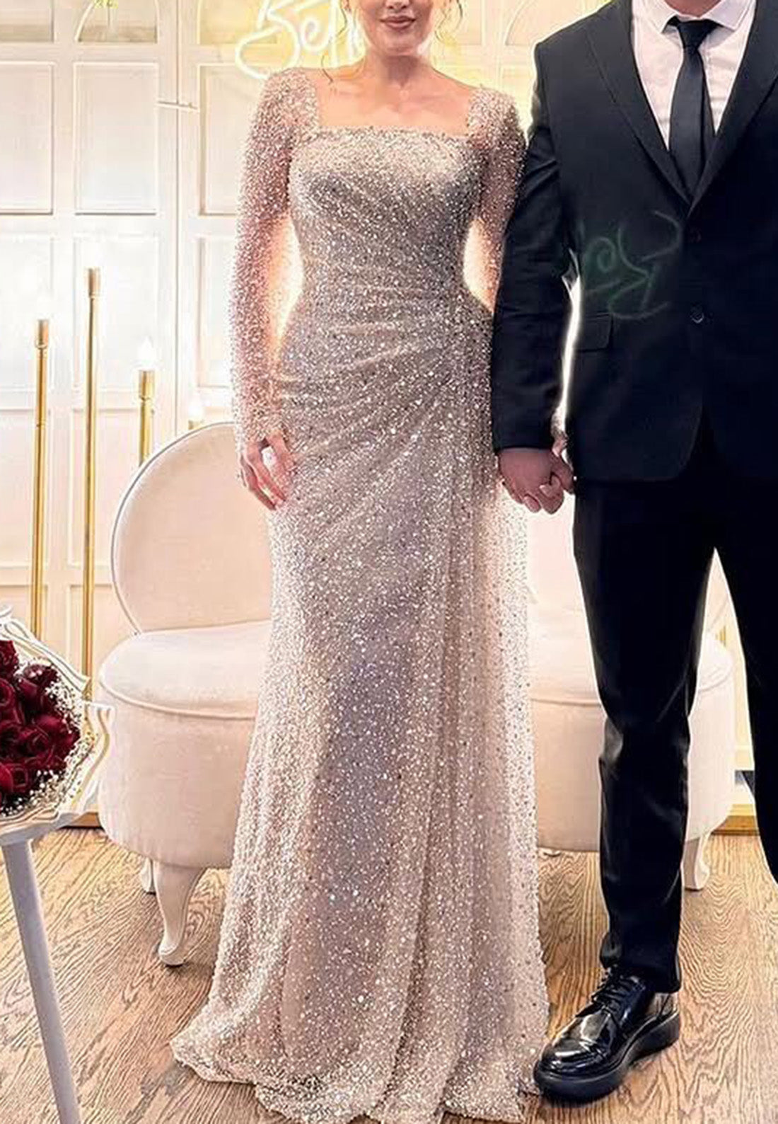 Square Long Sleeves Beaded Embroidery Pleated Sparkly Sheath Wedding Dress