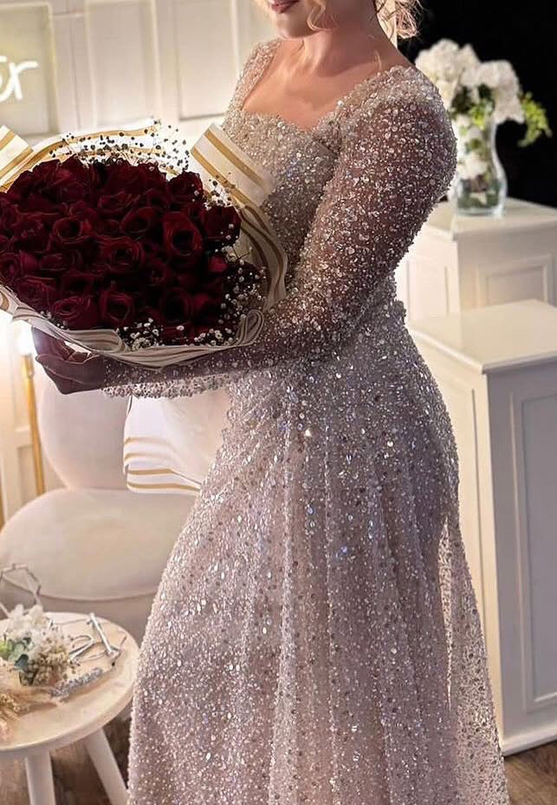 Square Long Sleeves Beaded Embroidery Pleated Sparkly Sheath Wedding Dress