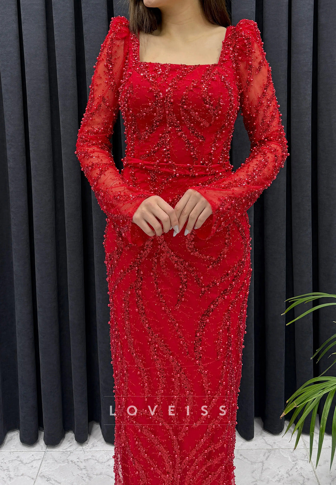 Square Long Sleeves Beaded Embroidery Sheath Evening Dress