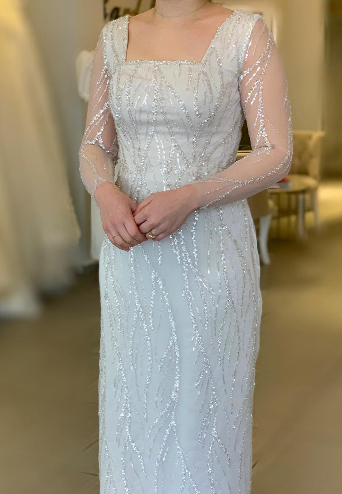 Square Long Sleeves Beaded Embroidery Sheath Mother of Bride Dress