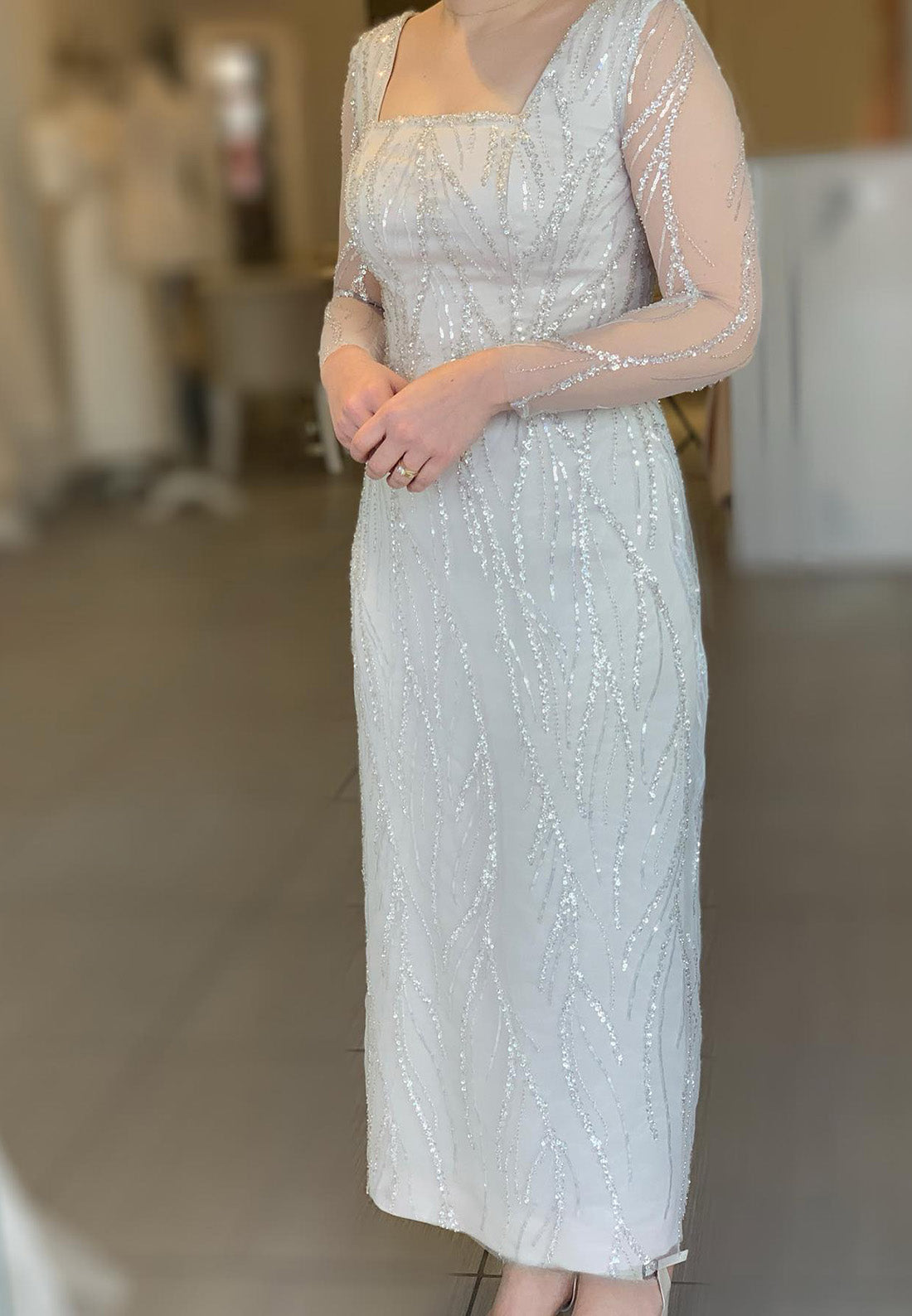 Square Long Sleeves Beaded Embroidery Sheath Mother of Bride Dress