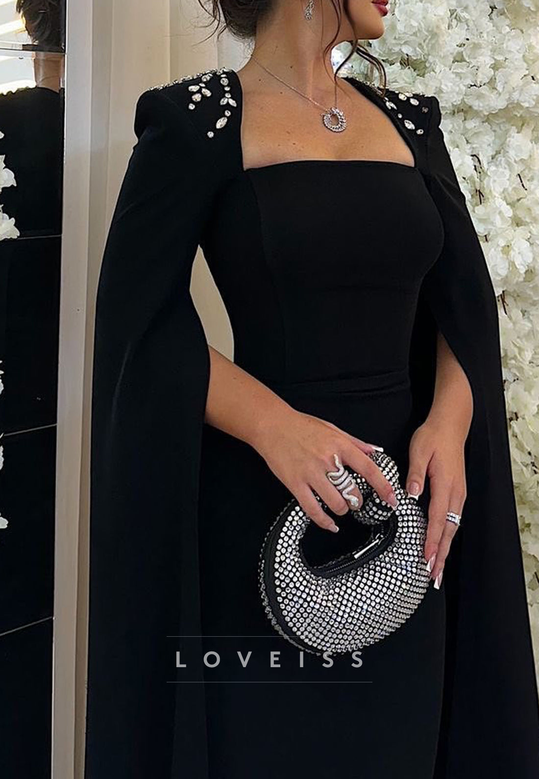 Square Long Sleeves Beaded Mermaid Evening Dress