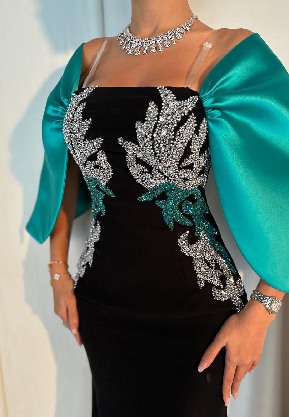 Square Long Sleeves Beaded Sleek Mermaid Evening Dress