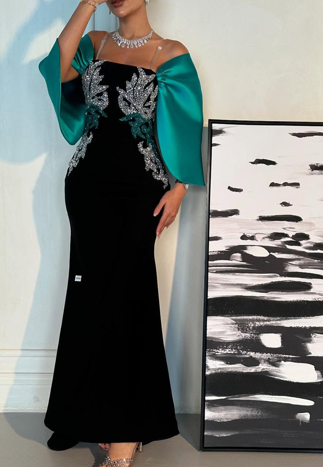 Square Long Sleeves Beaded Sleek Mermaid Evening Dress