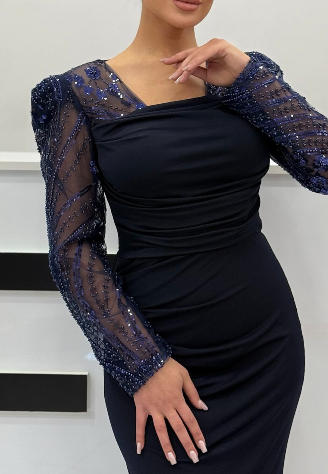 Square Long Sleeves Beaded Sleek Sheath Evening Dress Mother of Bride Dress