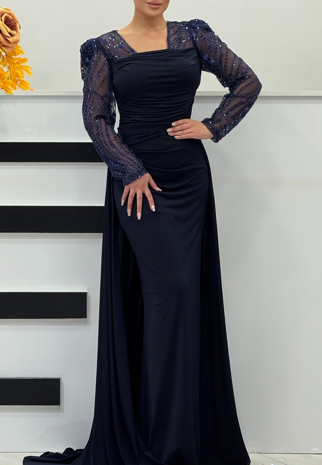 Square Long Sleeves Beaded Sleek Sheath Evening Dress Mother of Bride Dress