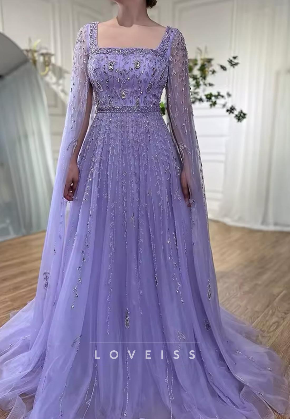 Square Long Sleeves Beaded Tulle A-Line Prom Dress