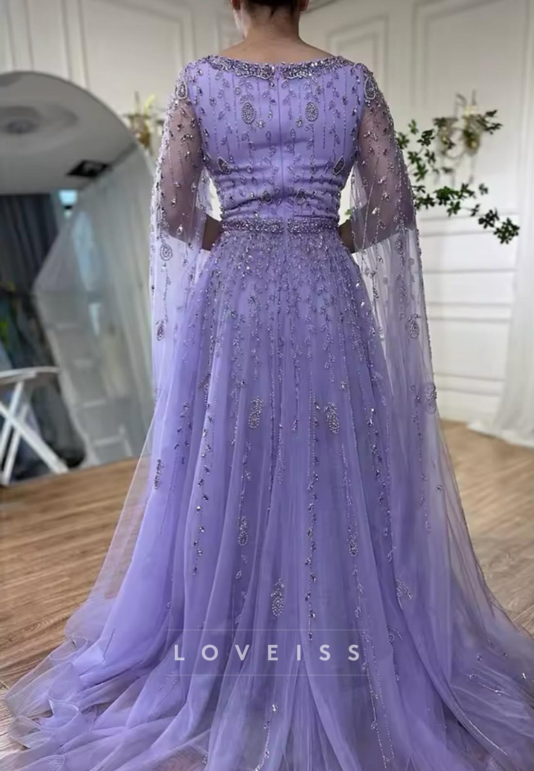 Square Long Sleeves Beaded Tulle A-Line Prom Dress