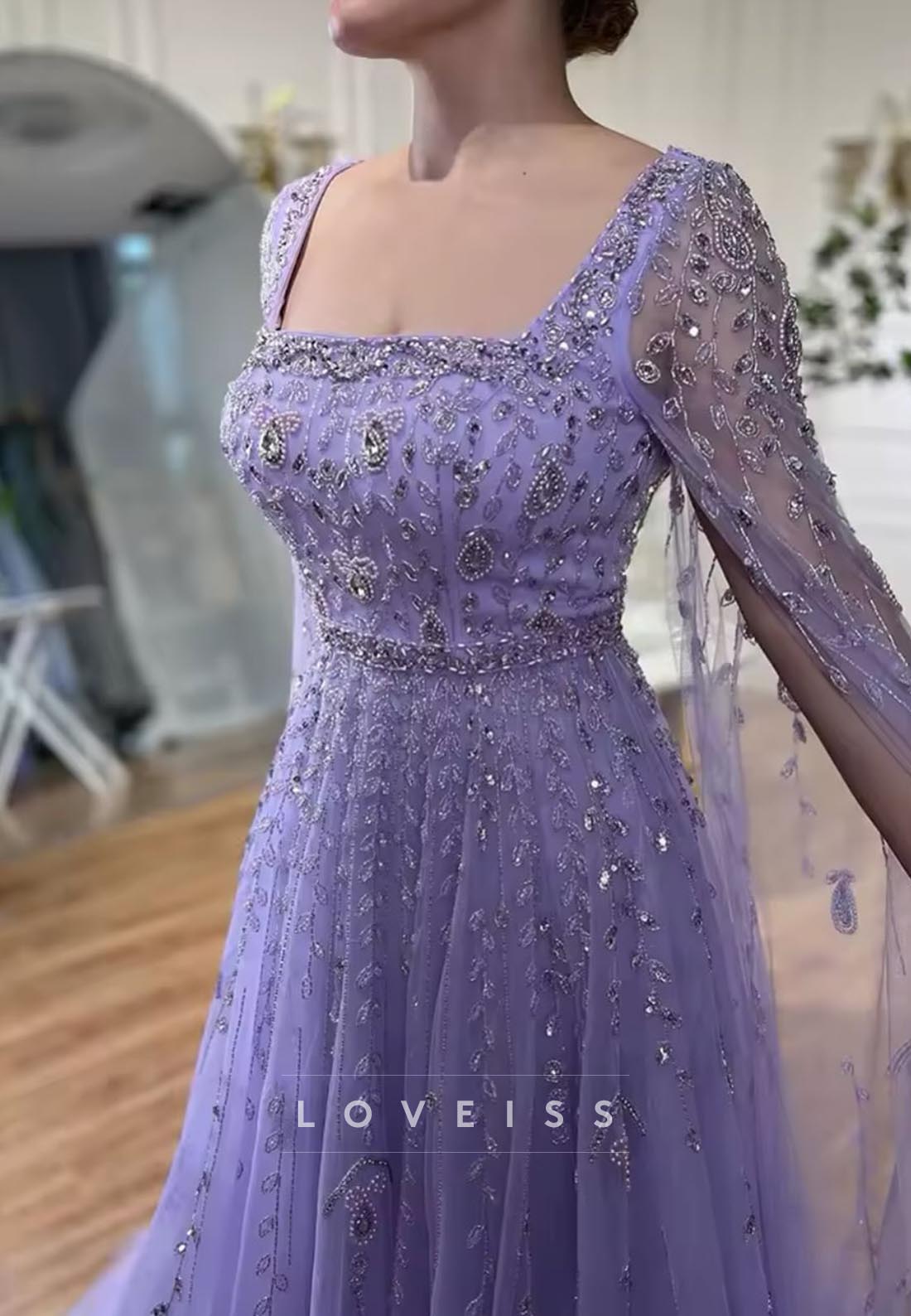 Square Long Sleeves Beaded Tulle A-Line Prom Dress