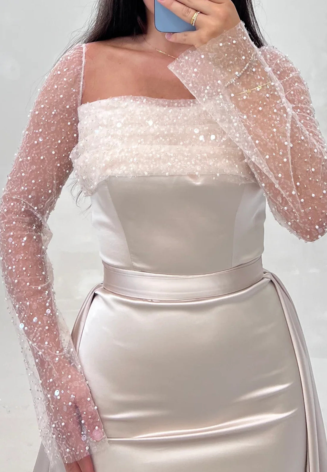 Square Long Sleeves Detachable Train Sleek Sheath Evening Dress