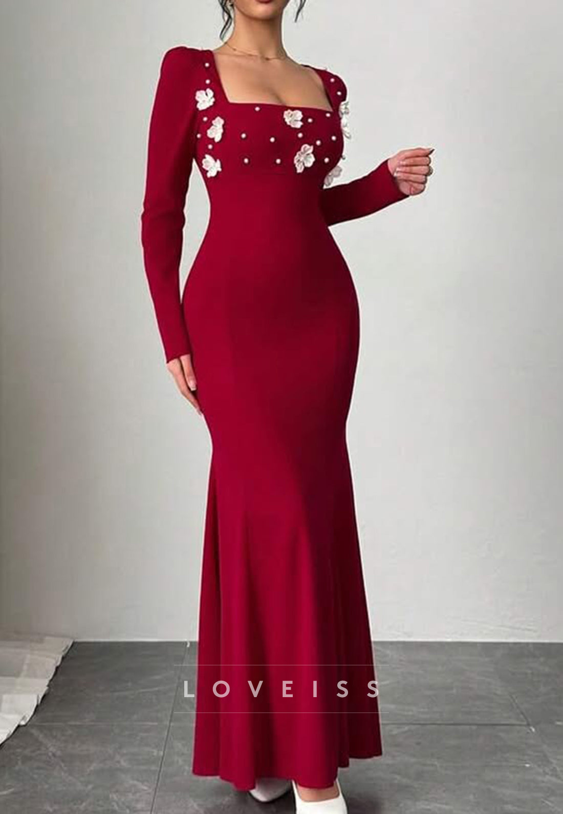 Square Long Sleeves Floral Embellished Mermaid Formal Dress