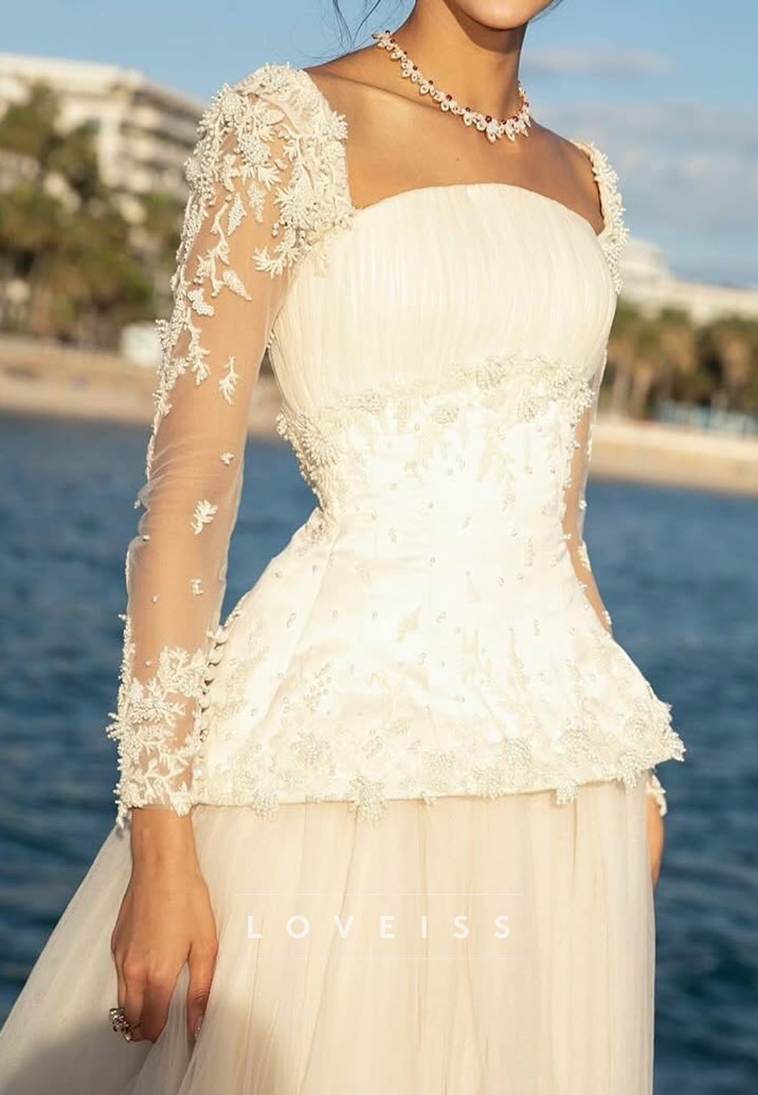 Square Long Sleeves Lace Appliques A-Line Wedding Dress