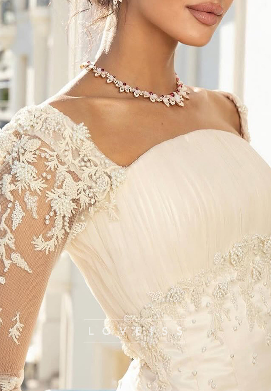 Square Long Sleeves Lace Appliques A-Line Wedding Dress