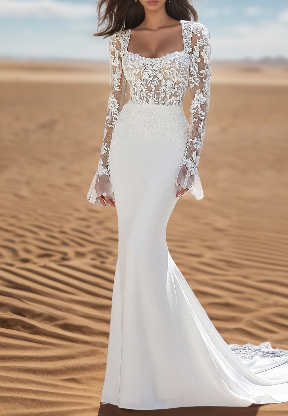 Square Long Sleeves Lace Appliques Mermaid Wedding Dress