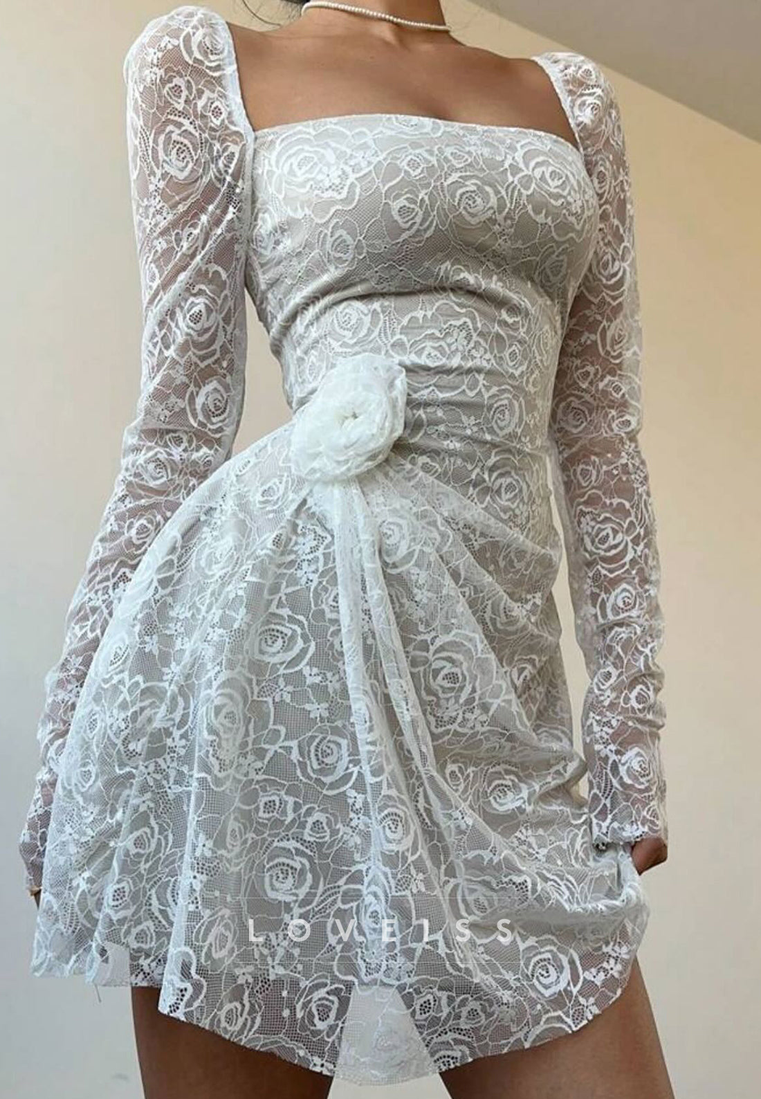 Square Long Sleeves Lace Appliques Ruched A-Line Party Homecoming Dress